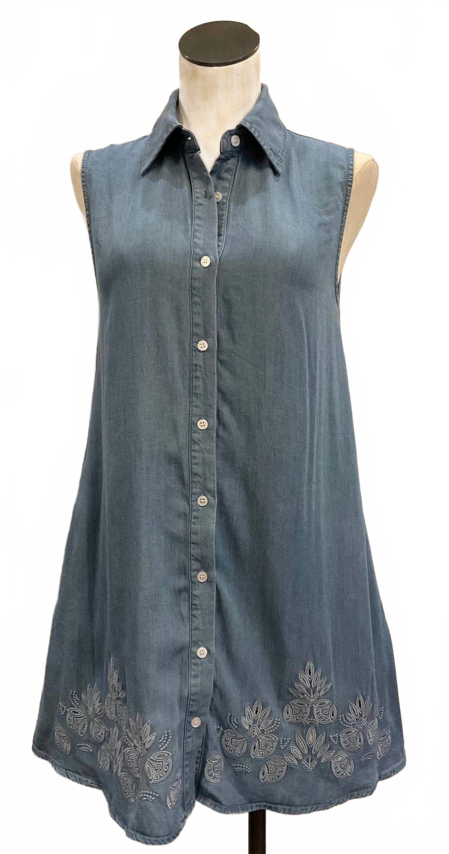 Blue Women's Embroidered Sleeveless Denim Mini Dress In Blue