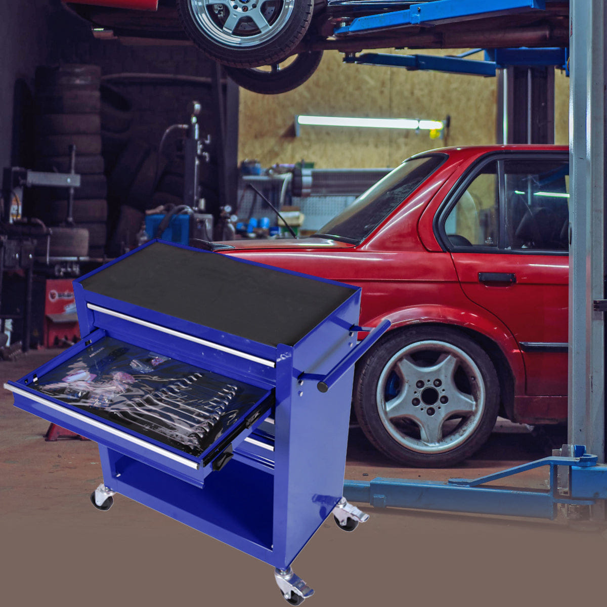 Drawer Streamdale 4 - Drawer Rolling Tool Box with Tools, Blue (24.4")