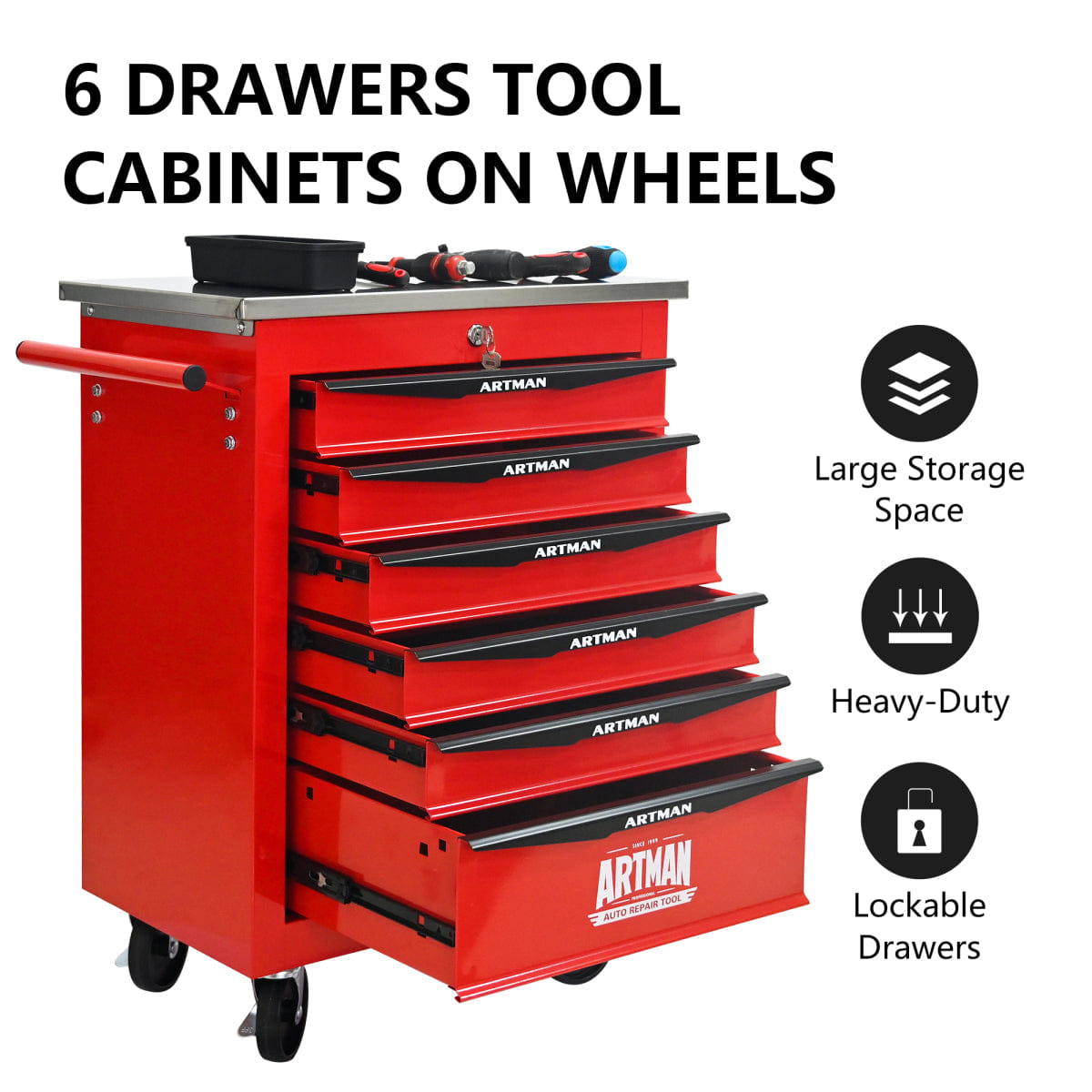 Drawer Streamdale 6 - Drawer Rolling Tool Cart with Stainless Steel Top - Red/Black