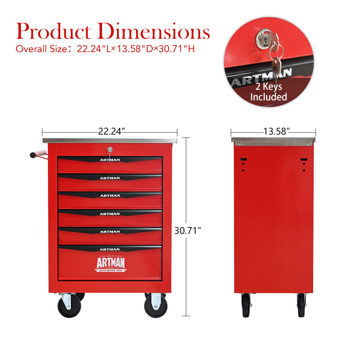 Drawer Streamdale 6 - Drawer Rolling Tool Cart with Stainless Steel Top - Red/Black