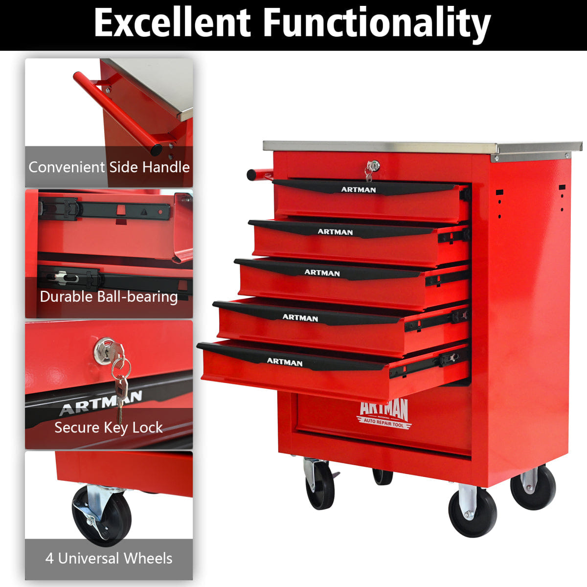 Drawer Streamdale 6 - Drawer Rolling Tool Cart with Stainless Steel Top - Red/Black