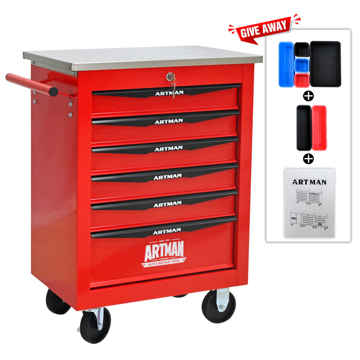 Drawer Streamdale 6 - Drawer Rolling Tool Cart with Stainless Steel Top - Red/Black