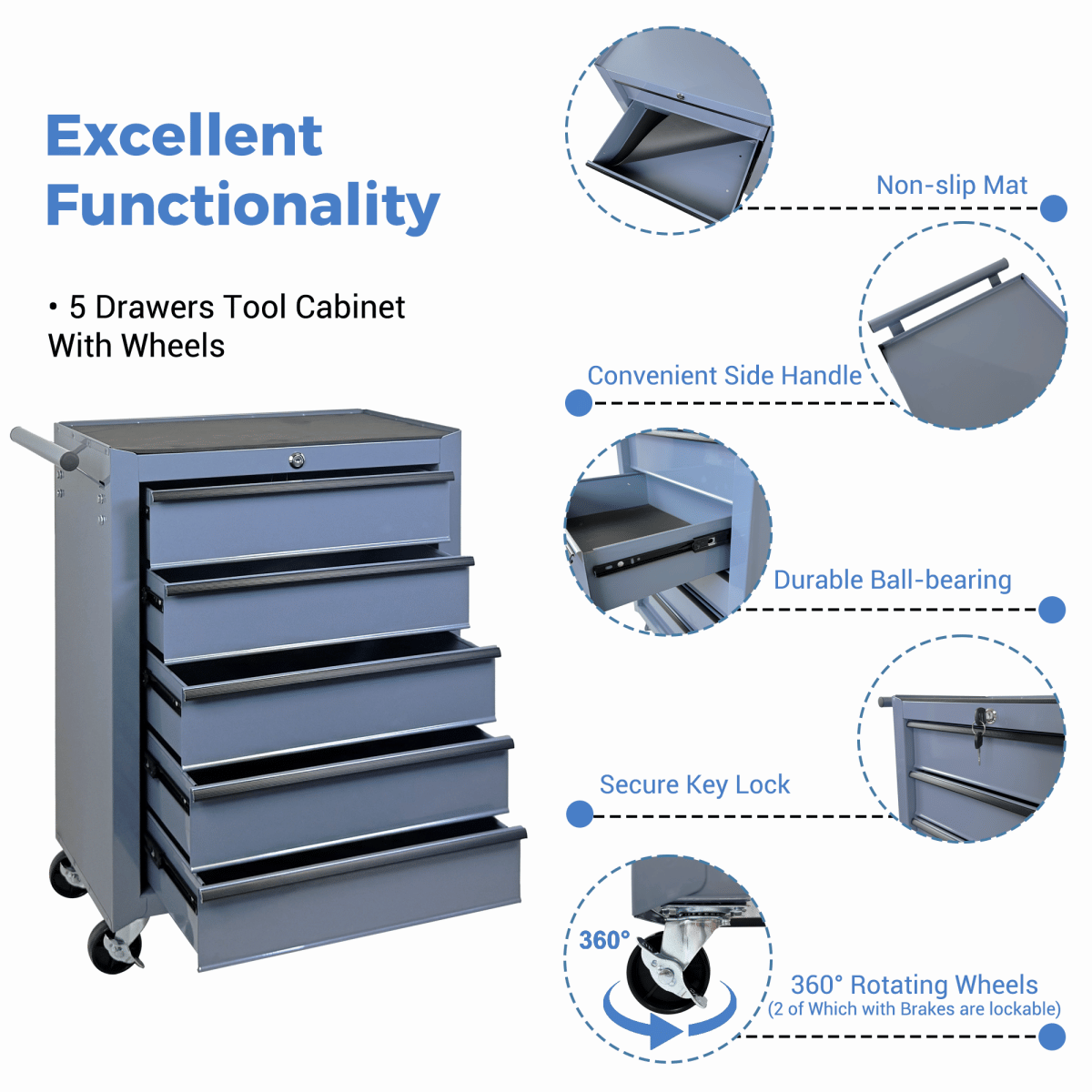 Drawer Streamdale Rolling 5 - Drawer Metal Tool Chest and Cabinet - Grey