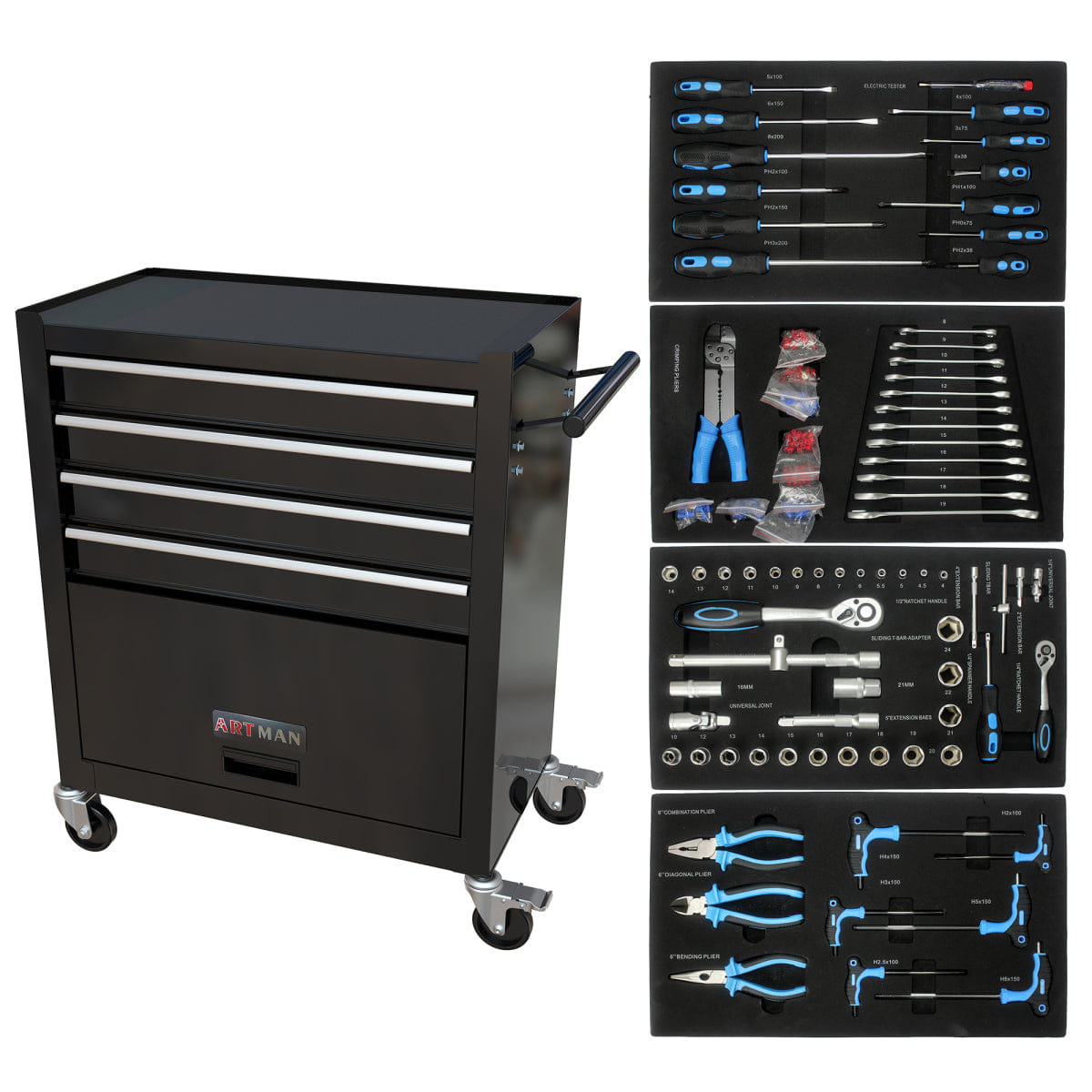 Drawer Streamdale 4 - Drawer Rolling Tool Box with Tools for Garage, Black