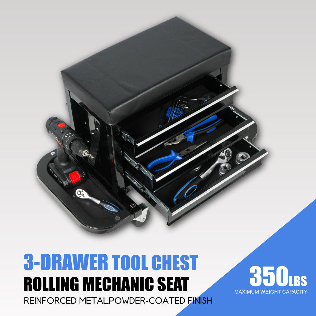 Drawer Streamdale Rolling 3 - Drawer Tool Chest Mechanic Seat, 350Lbs Capacity, Black