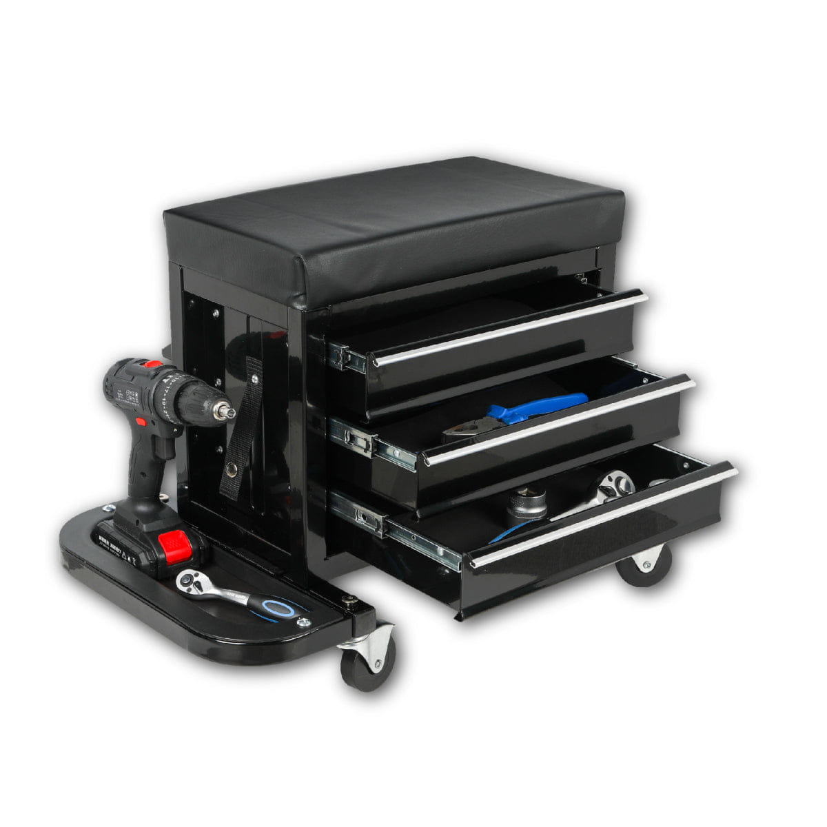 Drawer Streamdale Rolling 3 - Drawer Tool Chest Mechanic Seat, 350Lbs Capacity, Black