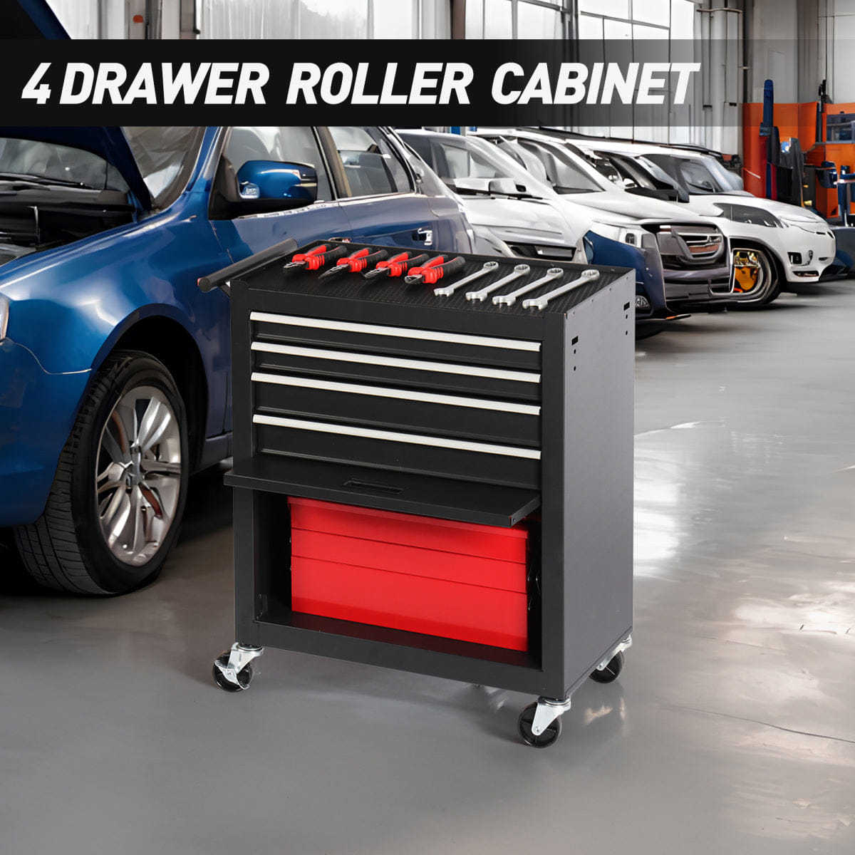 Drawer Streamdale 4 - Drawer Rolling Tool Chest and Cabinet with Wheels for Workshops (Black)