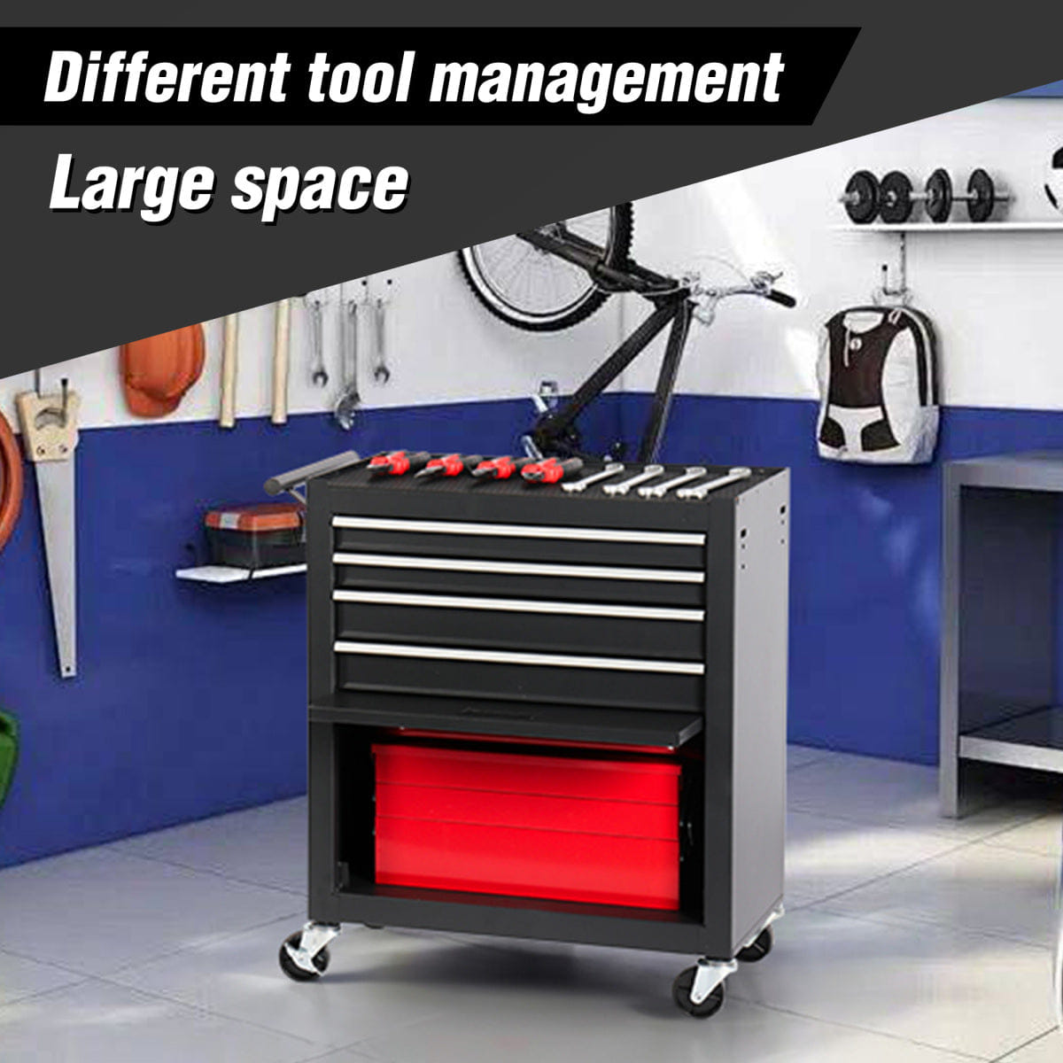 Drawer Streamdale 4 - Drawer Rolling Tool Chest and Cabinet with Wheels for Workshops (Black)