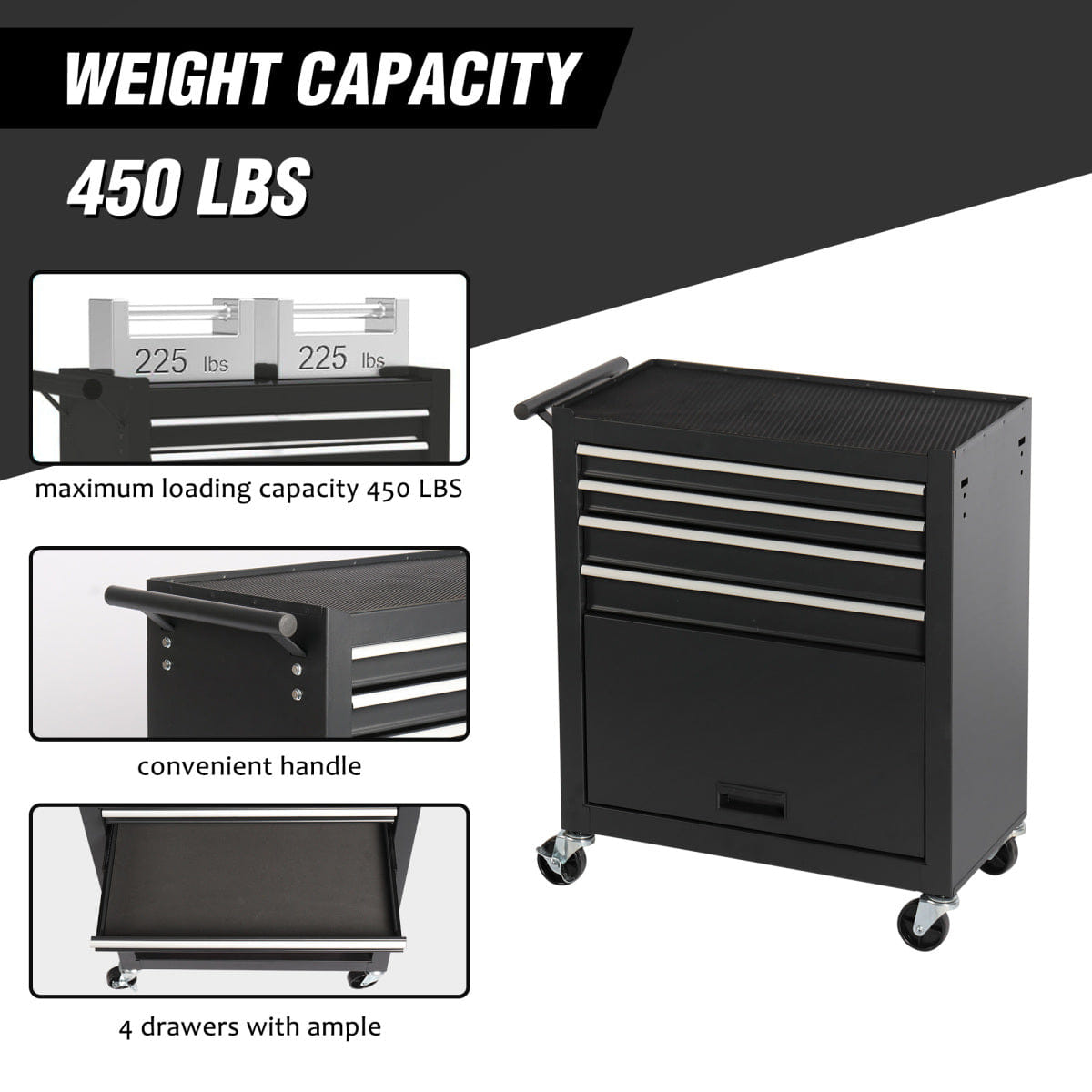 Drawer Streamdale 4 - Drawer Rolling Tool Chest and Cabinet with Wheels for Workshops (Black)