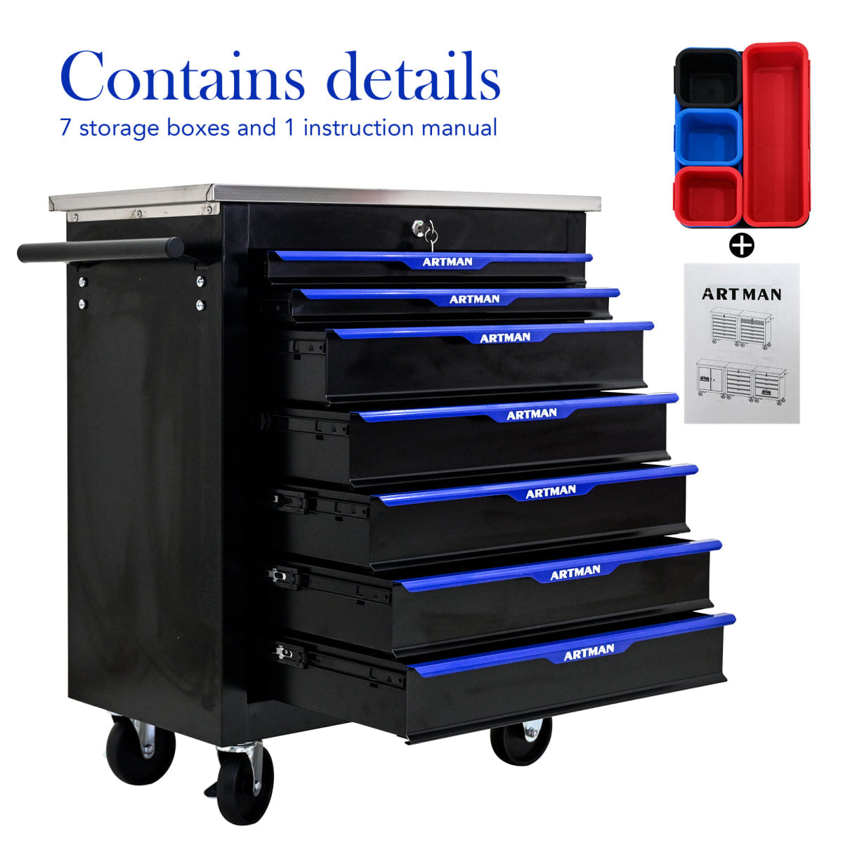 Drawer Streamdale ARTMAN 7 - Drawer Rolling Tool Trolley with Stainless Steel Countertop
