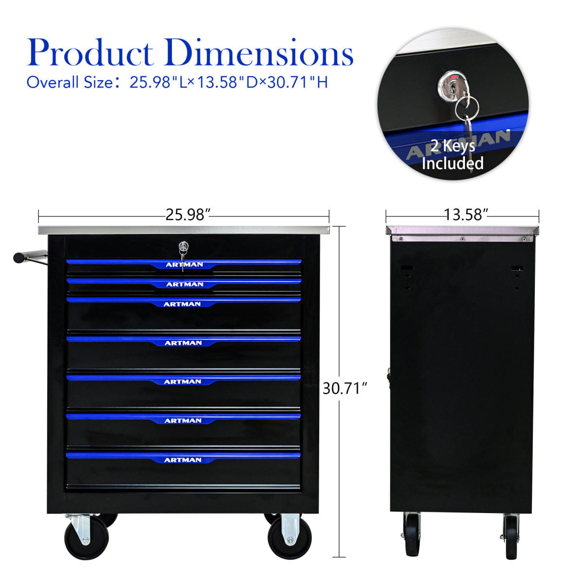 Drawer Streamdale ARTMAN 7 - Drawer Rolling Tool Trolley with Stainless Steel Countertop