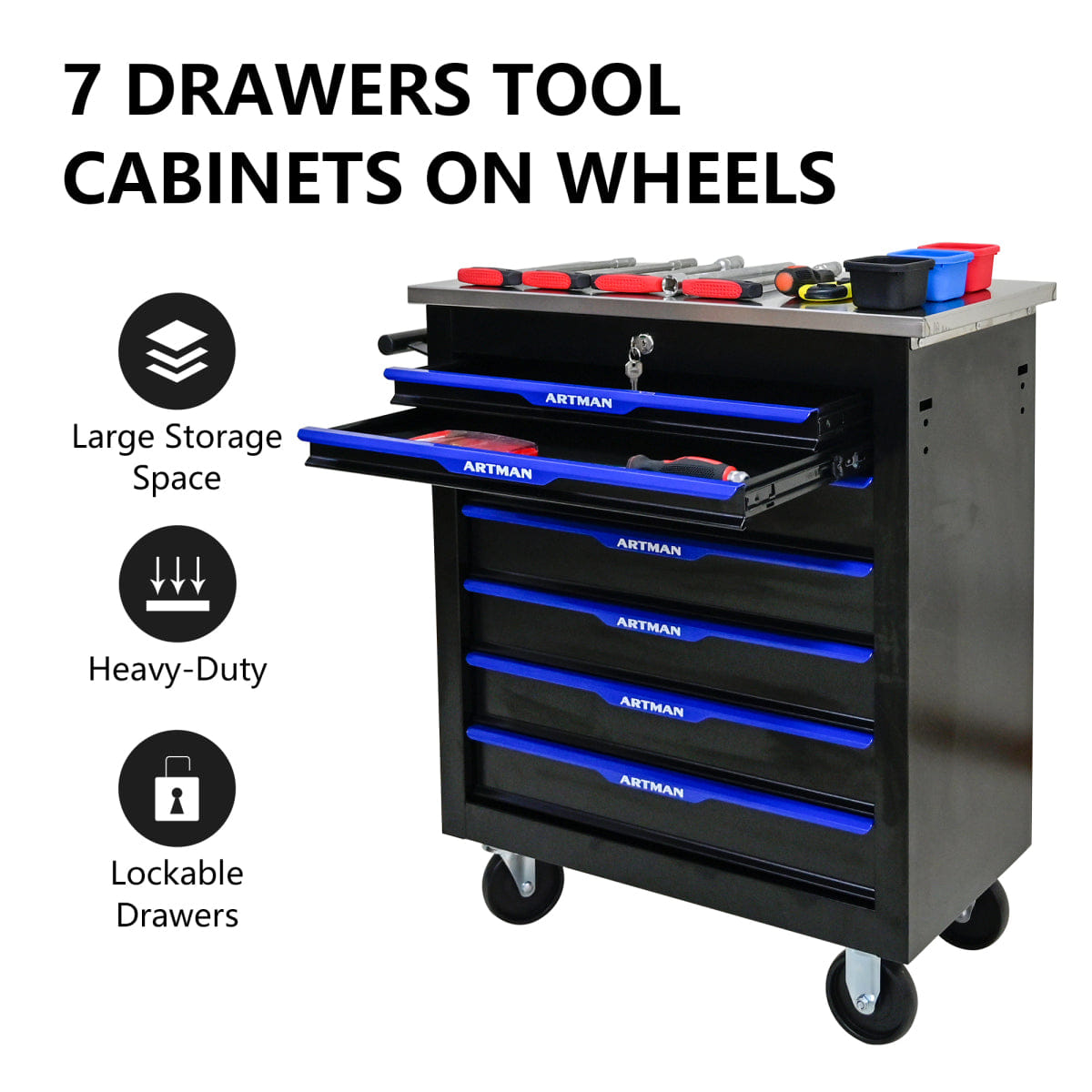 Drawer Streamdale ARTMAN 7 - Drawer Rolling Tool Trolley with Stainless Steel Countertop