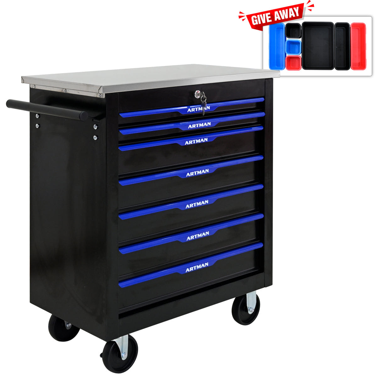Drawer Streamdale ARTMAN 7 - Drawer Rolling Tool Trolley with Stainless Steel Countertop