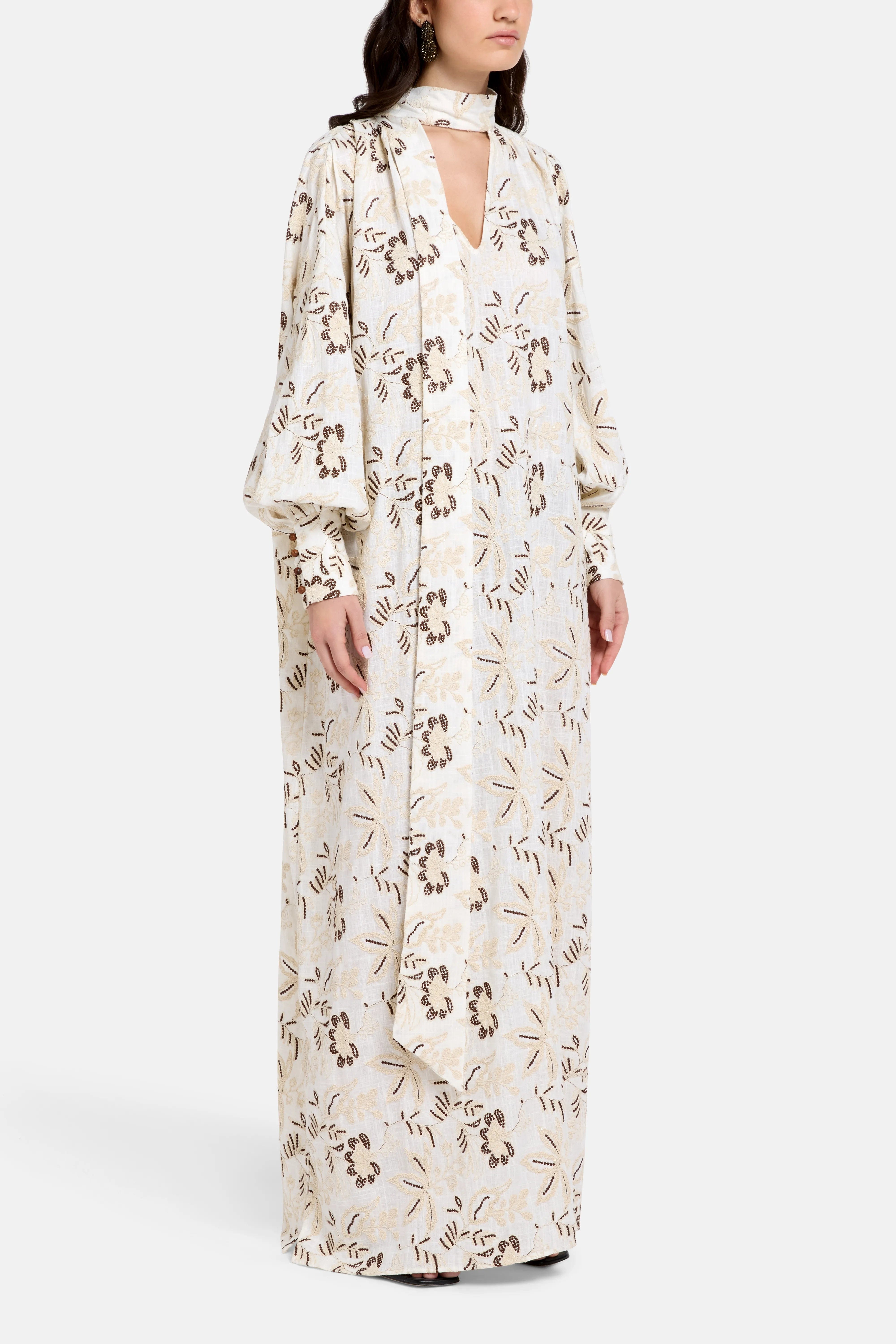 Vasiliki Mona Puff Sleeves Embroidered Cotton Kaftan in Cream
