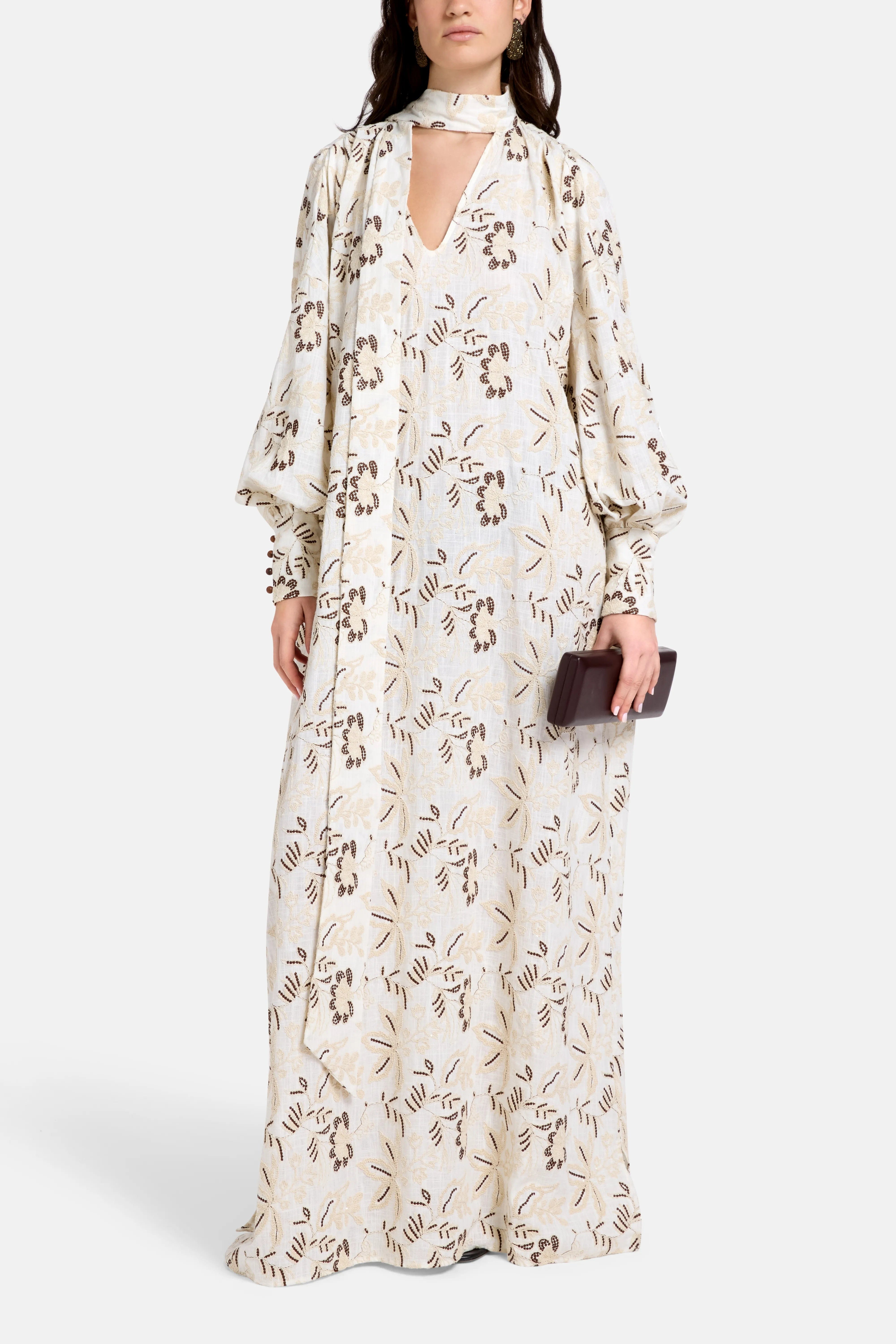 Vasiliki Mona Puff Sleeves Embroidered Cotton Kaftan in Cream