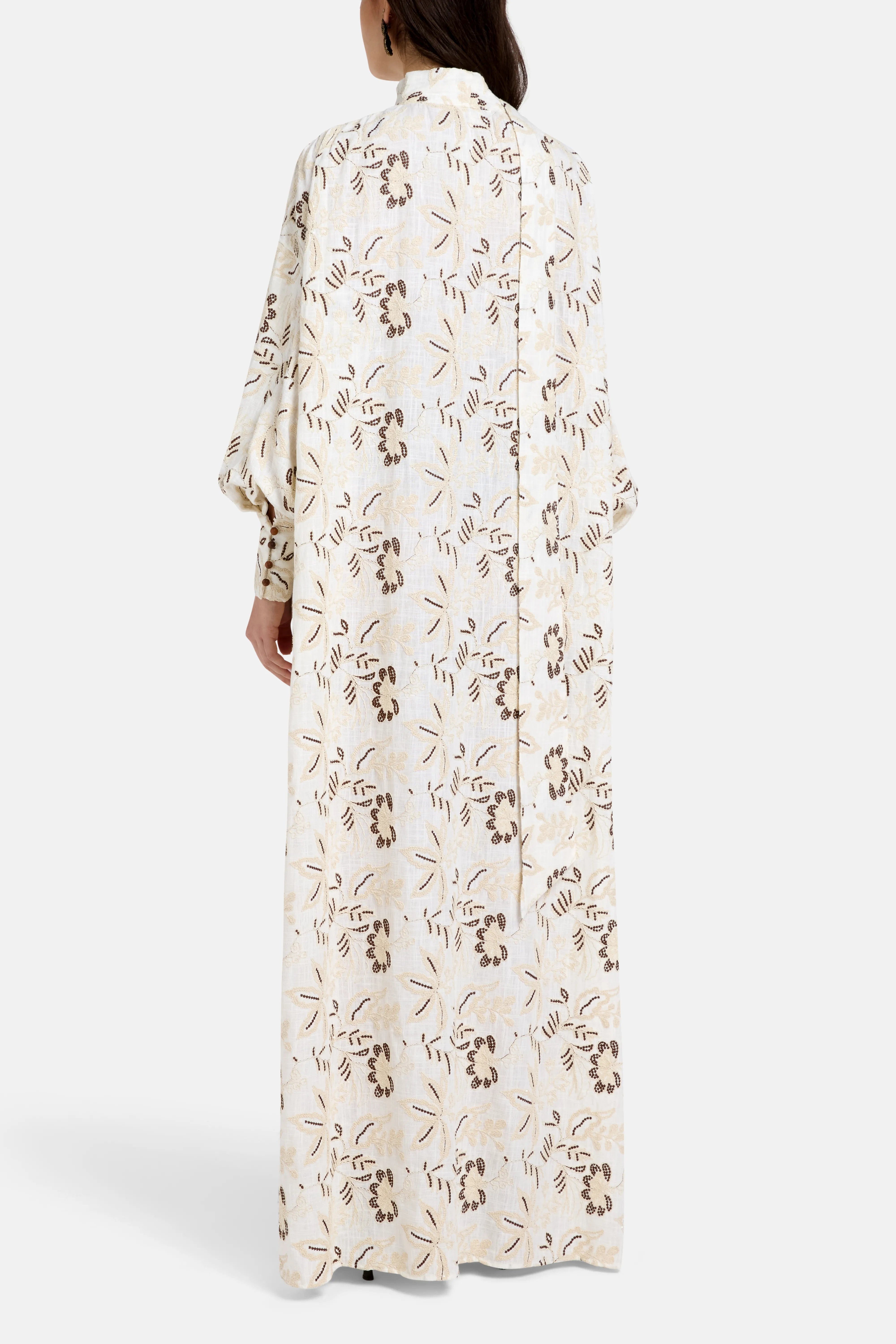 Vasiliki Mona Puff Sleeves Embroidered Cotton Kaftan in Cream