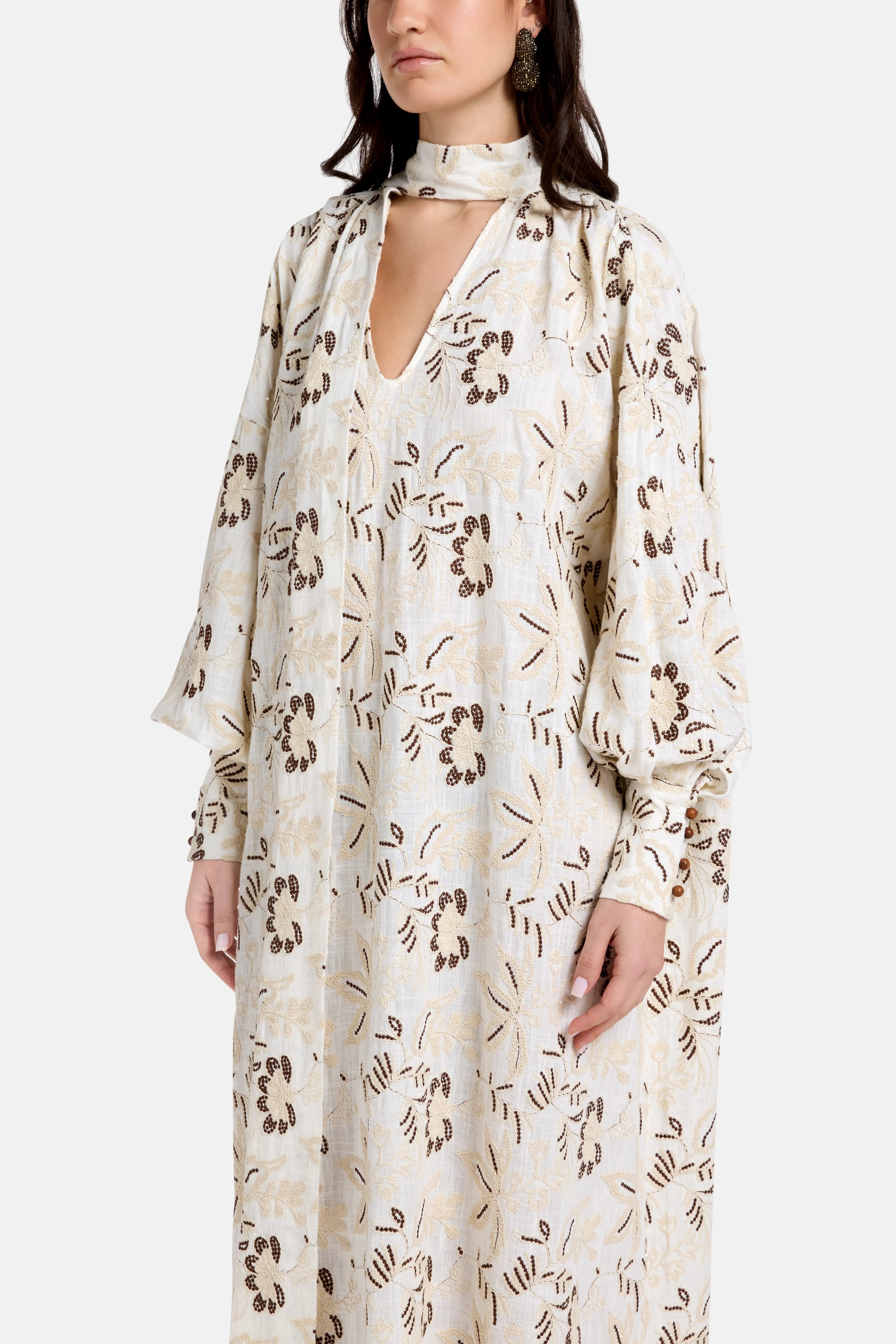 Vasiliki Mona Puff Sleeves Embroidered Cotton Kaftan in Cream