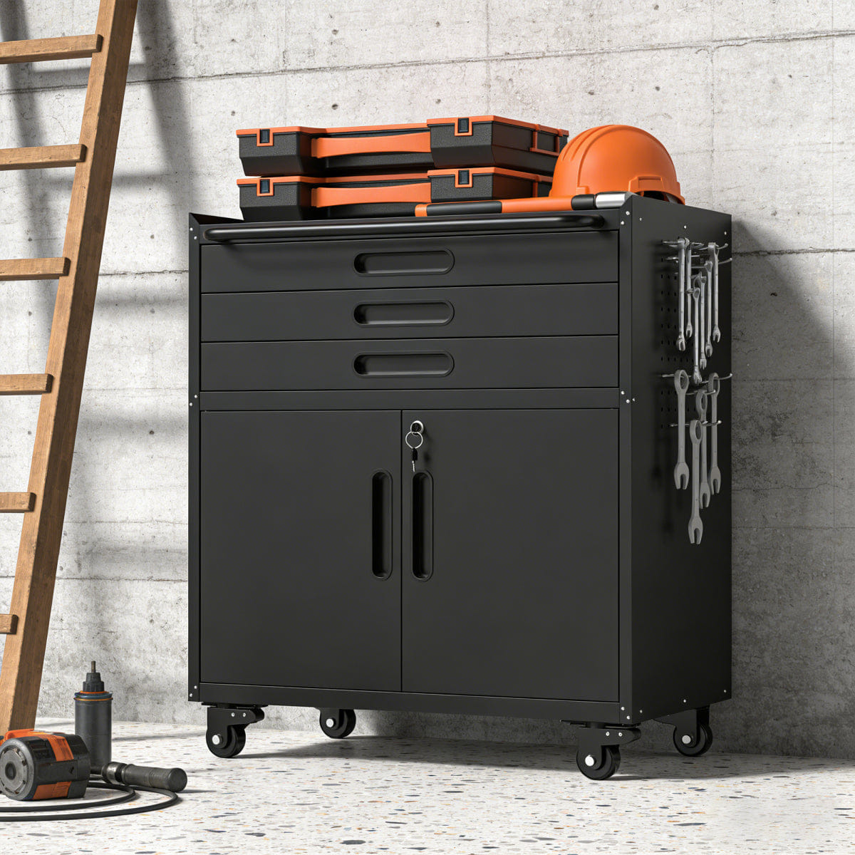 Drawer Streamdale 34.3" Rolling Metal Tool Cabinet & 3 - Drawer Garage Workbench with Lockable Doors