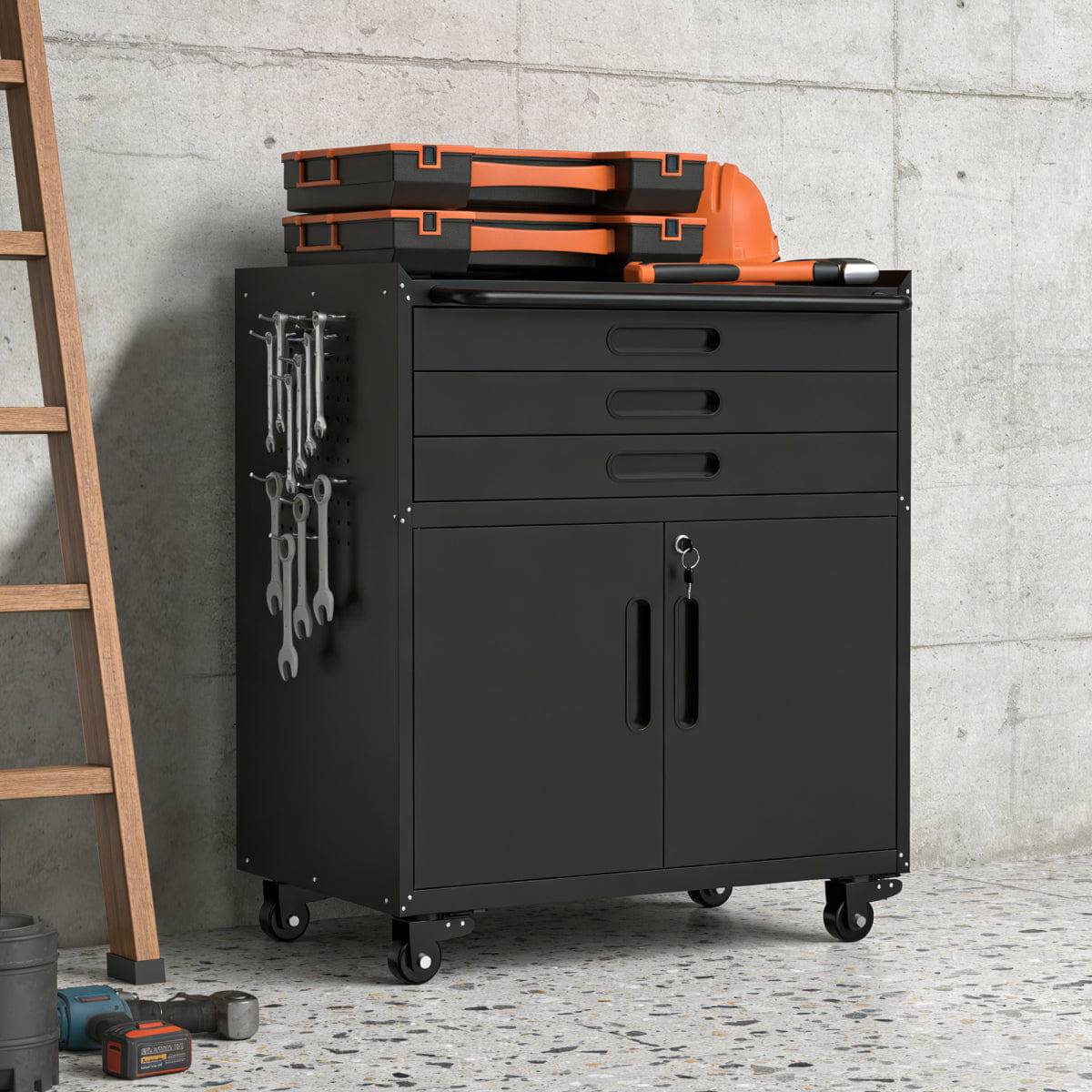 Drawer Streamdale 34.3" Rolling Metal Tool Cabinet & 3 - Drawer Garage Workbench with Lockable Doors