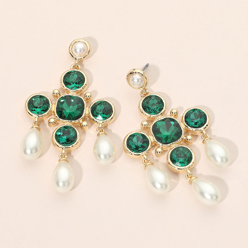 CROSS Round Stone Chandelier Cross Pearl Link Drop Statement Earrings