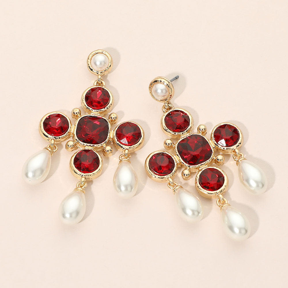 CROSS Round Stone Chandelier Cross Pearl Link Drop Statement Earrings