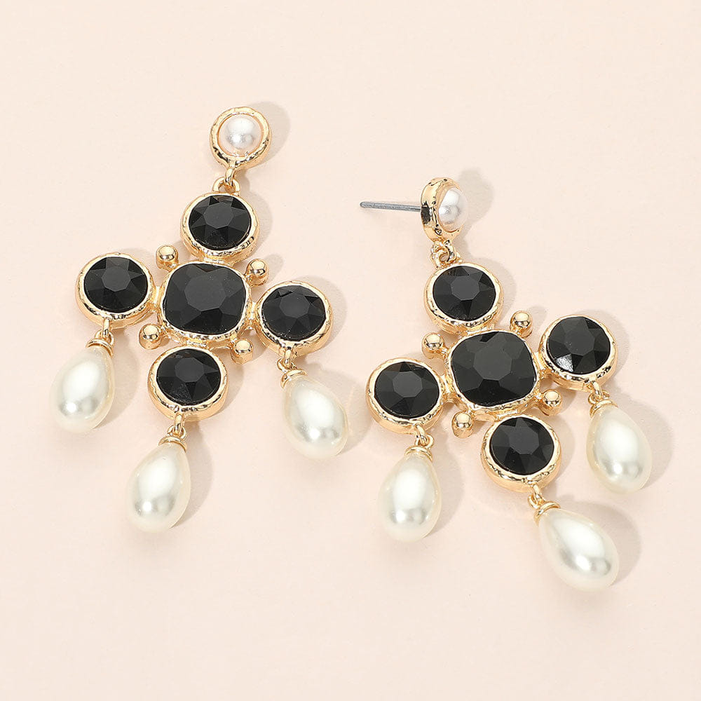 CROSS Round Stone Chandelier Cross Pearl Link Drop Statement Earrings