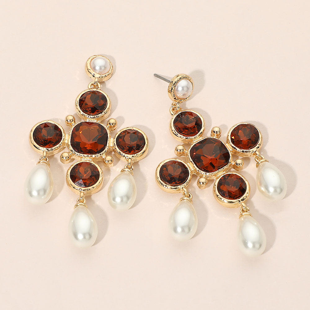 CROSS Round Stone Chandelier Cross Pearl Link Drop Statement Earrings