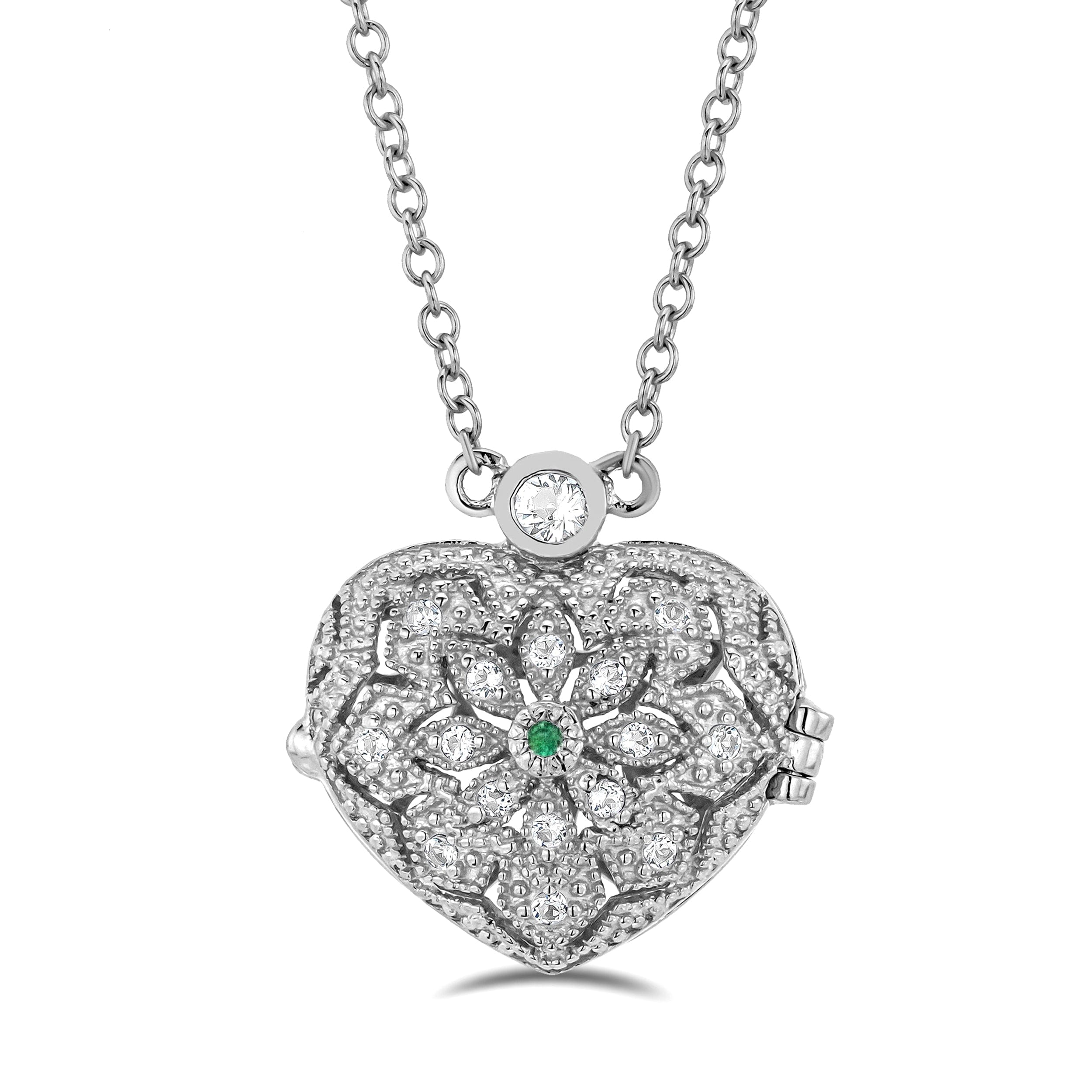 Vintage Emerald May Birthstone Vintage Locket Necklace White Topaz in Silver