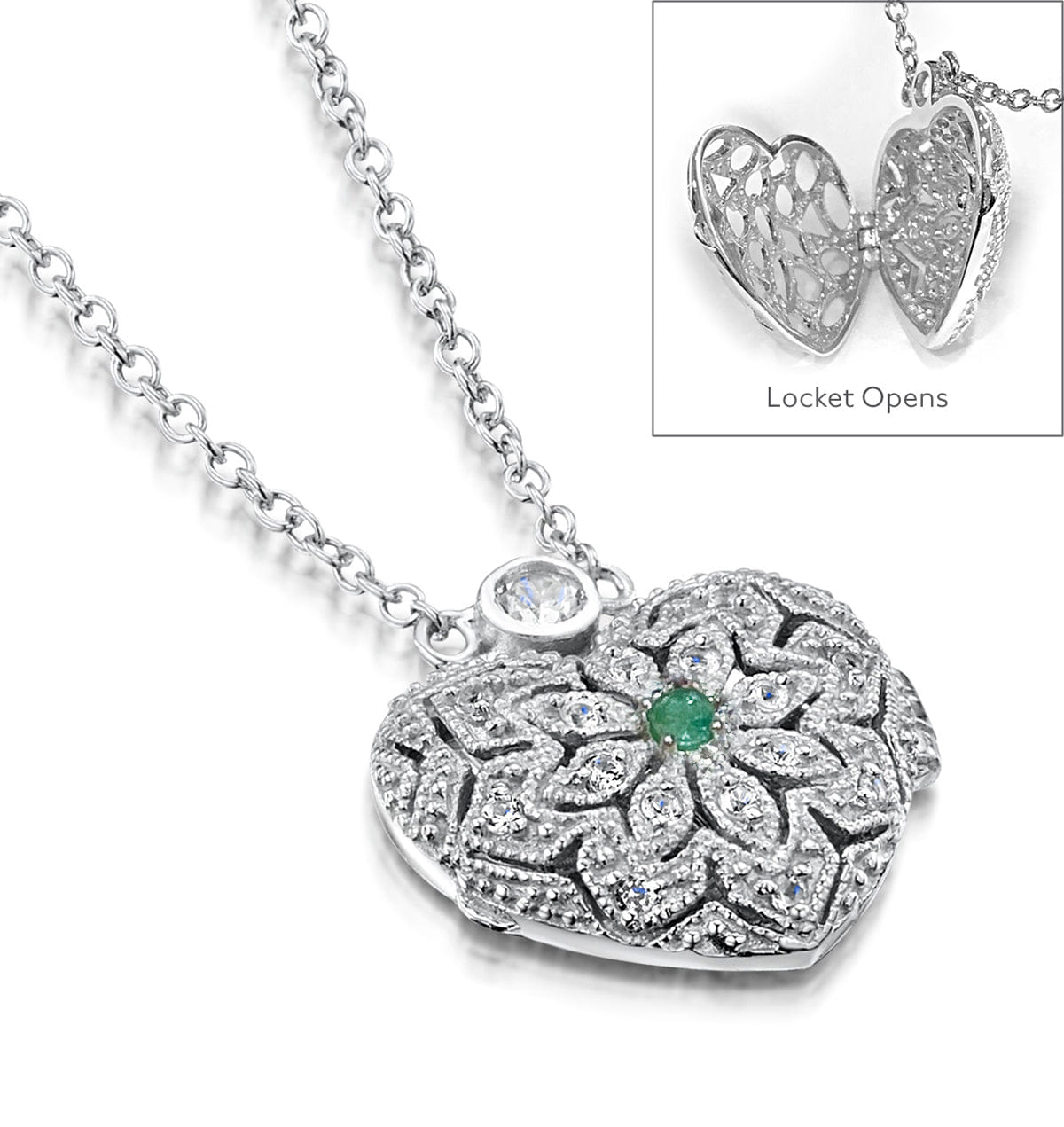 Vintage Emerald May Birthstone Vintage Locket Necklace White Topaz in Silver
