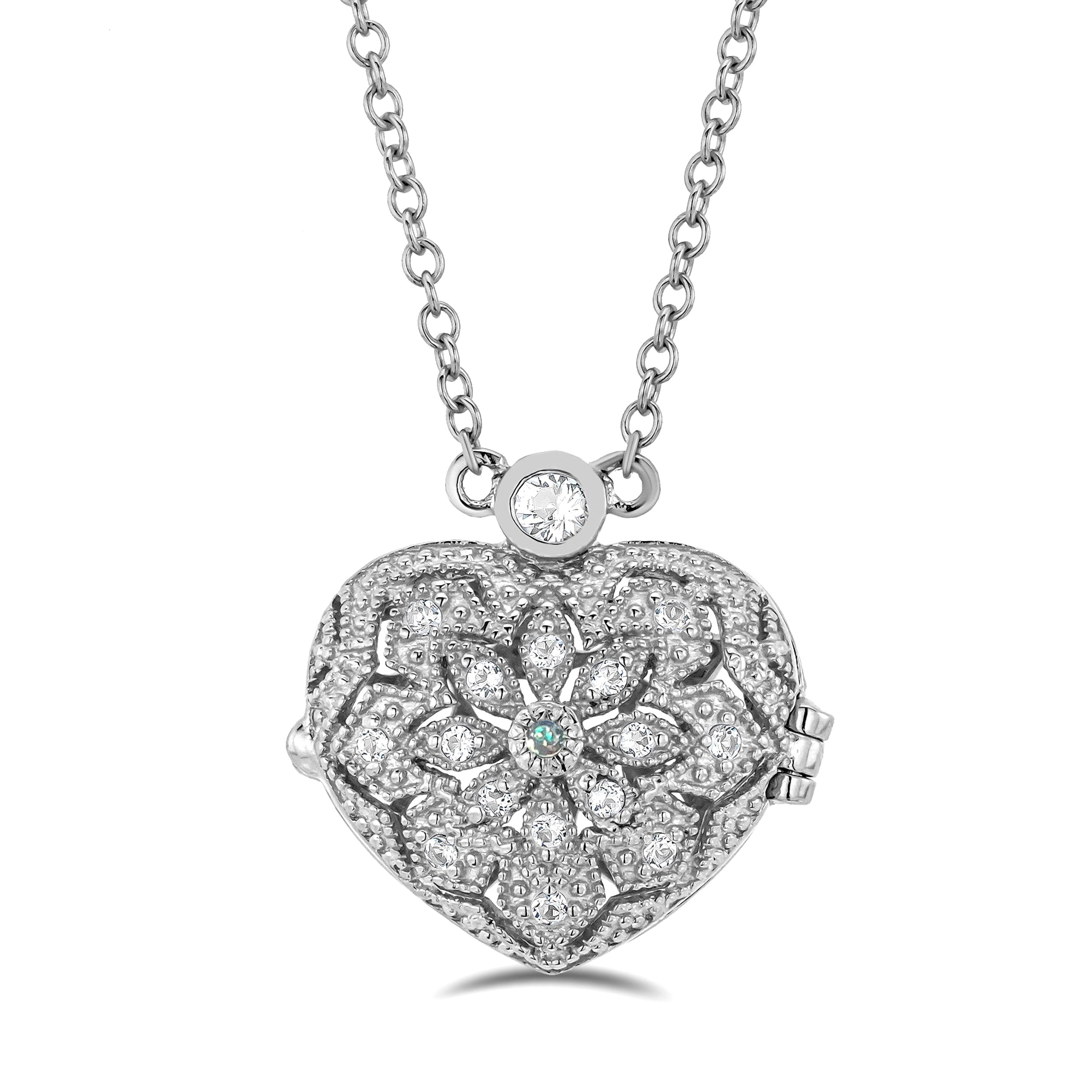 Vintage Opal October Birthstone Vintage Locket Necklace White Topaz in Silver