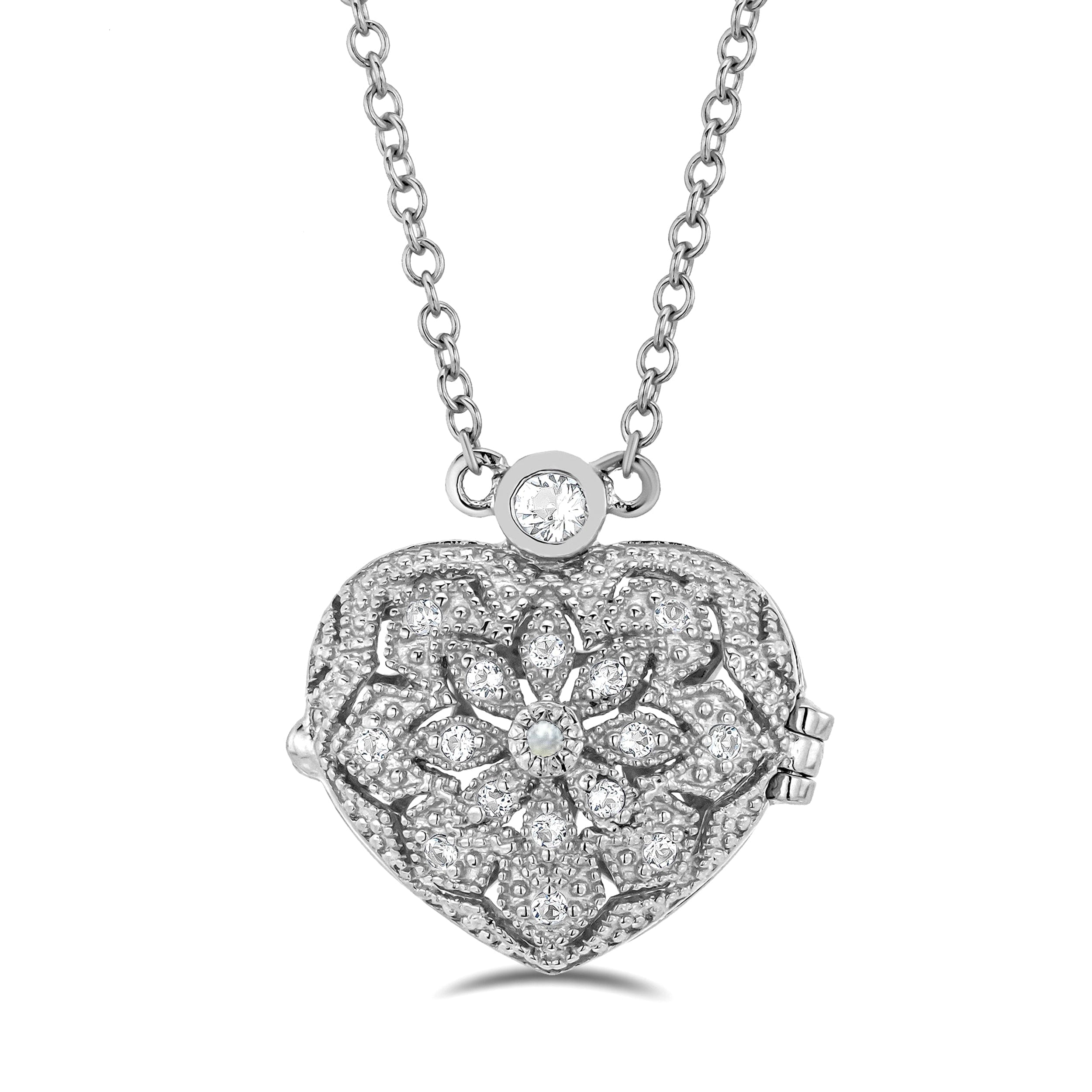 Vintage Pearl June Birthstone Vintage Locket Necklace White Topaz in Silver
