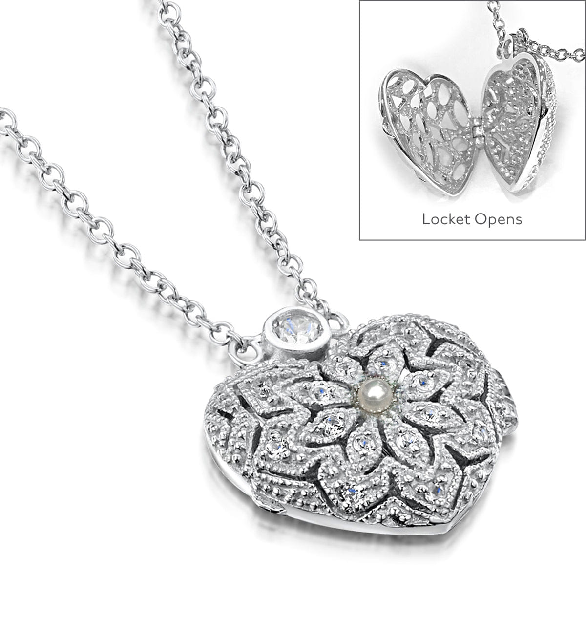 Vintage Pearl June Birthstone Vintage Locket Necklace White Topaz in Silver