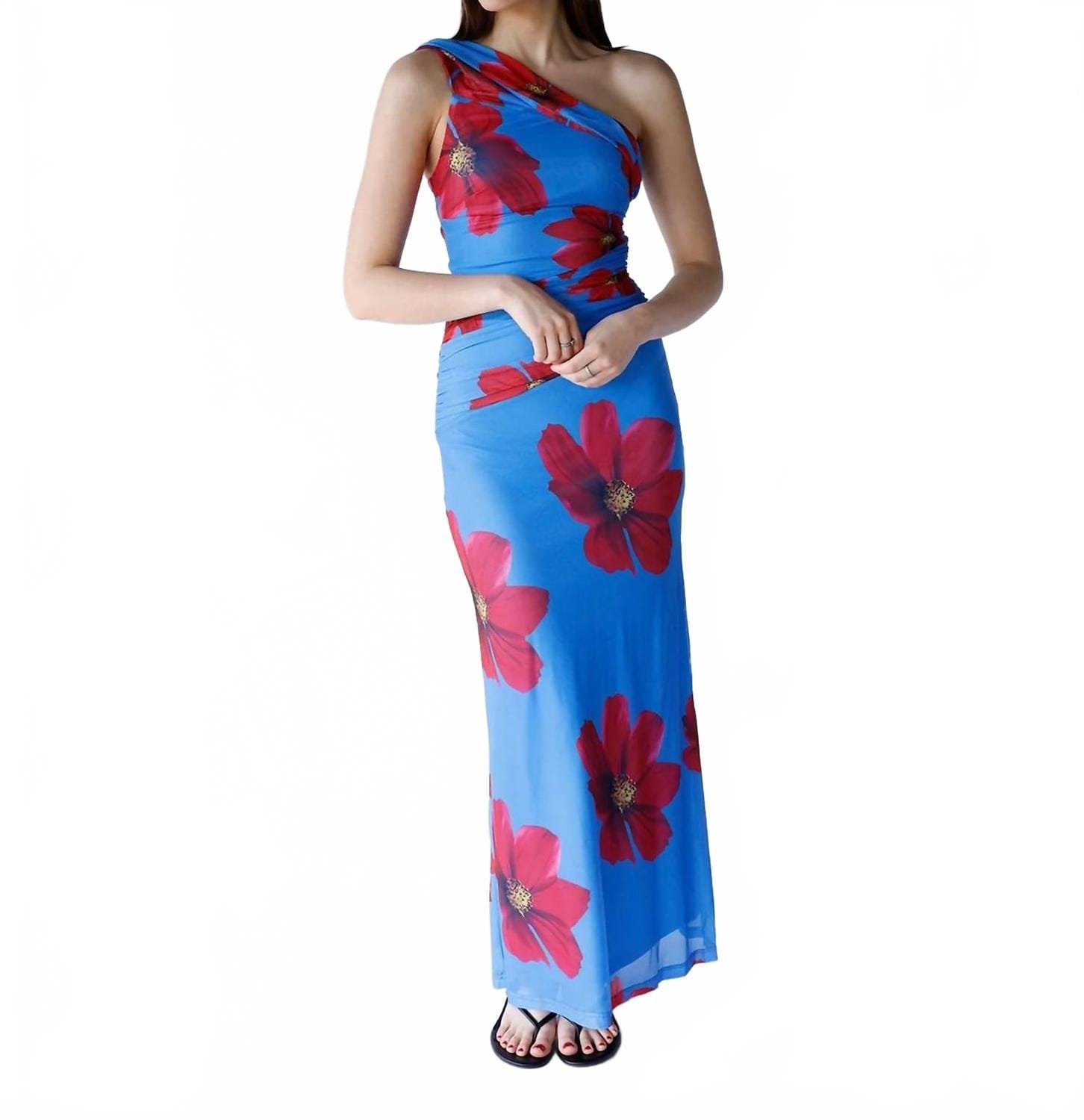 One Shoulder Maxi Dress In Azure Bloom