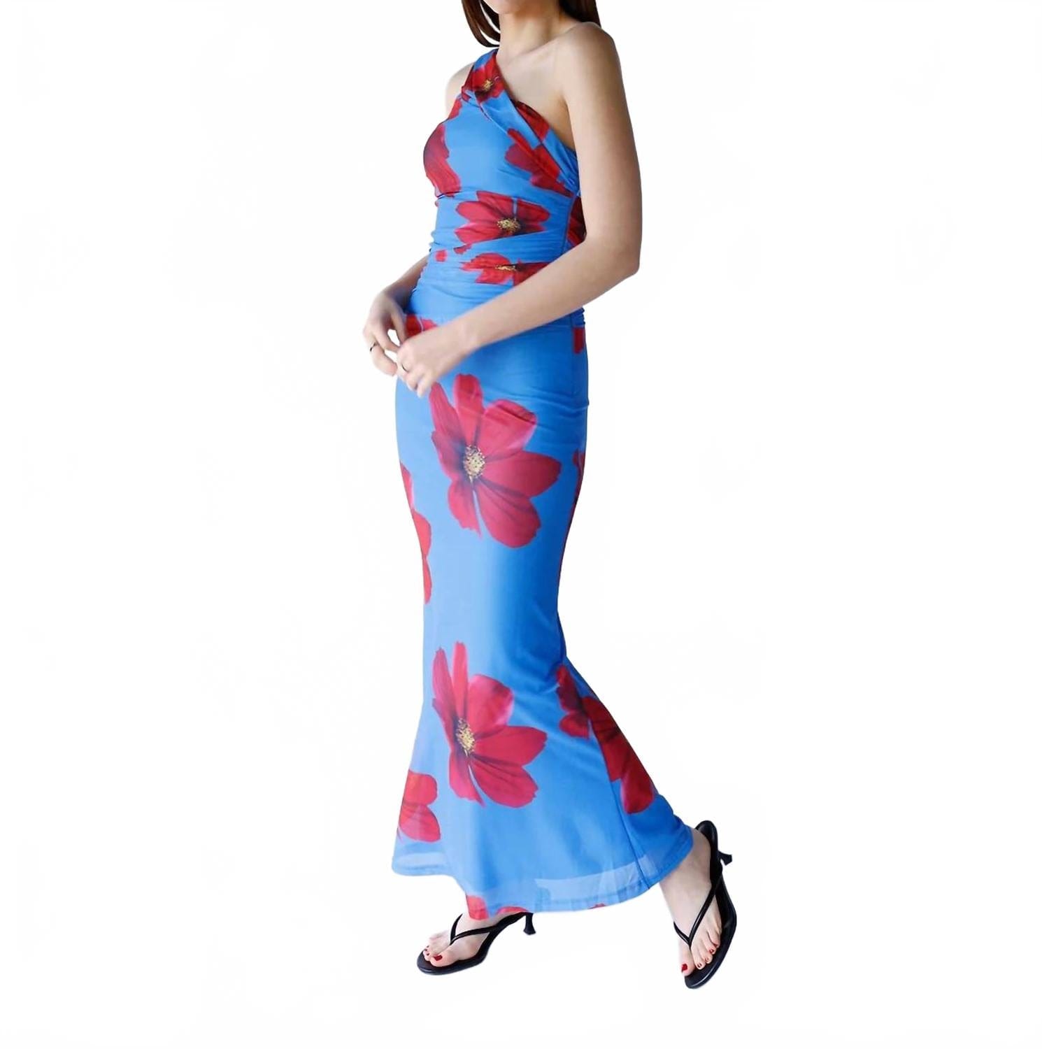 One Shoulder Maxi Dress In Azure Bloom
