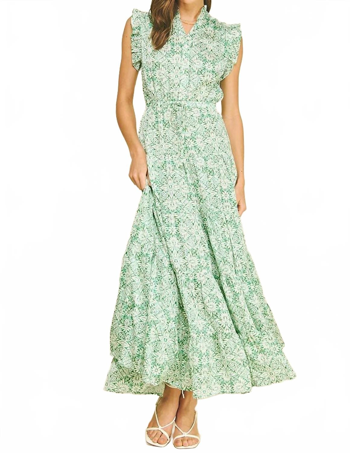 MINT Floral Print Tiered Maxi Dress In Mint Meadow