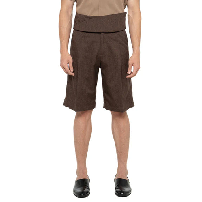 JAN SOBER BROWN HERRINGBONE SHORT PANTS WITH DETACHABLE PICKED COLLAR BELT
