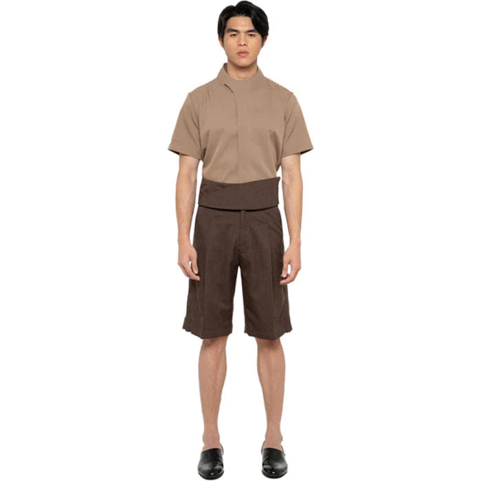 JAN SOBER BROWN HERRINGBONE SHORT PANTS WITH DETACHABLE PICKED COLLAR BELT