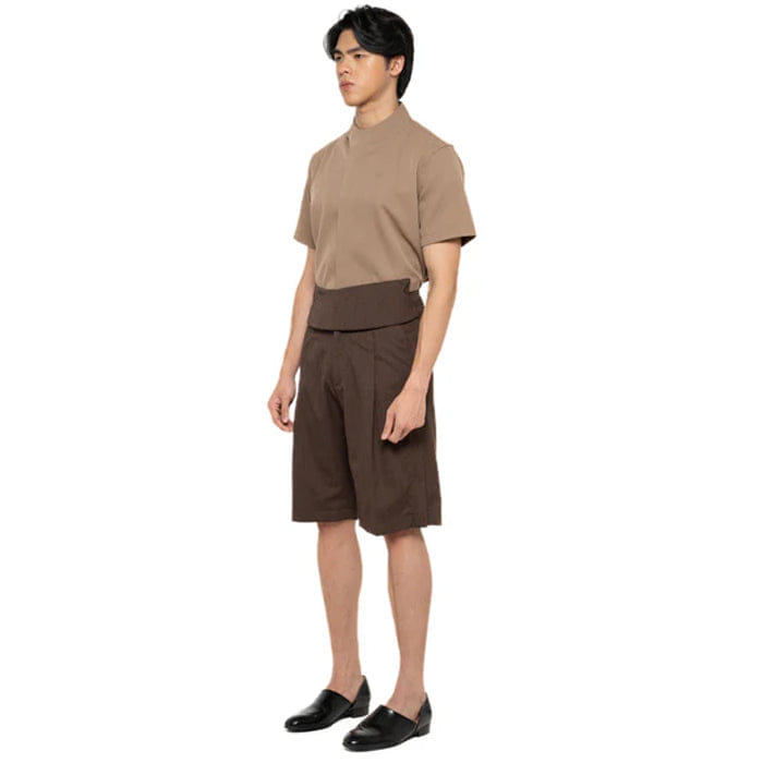 JAN SOBER BROWN HERRINGBONE SHORT PANTS WITH DETACHABLE PICKED COLLAR BELT