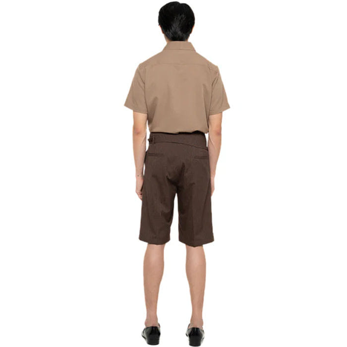 JAN SOBER BROWN HERRINGBONE SHORT PANTS WITH DETACHABLE PICKED COLLAR BELT