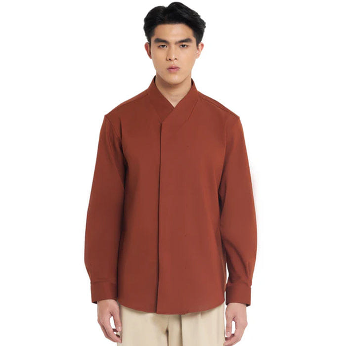 JAN SOBER TERRACOTA OVERLAP HIGH COLLARLESS LONG SLEEVES SHIRT