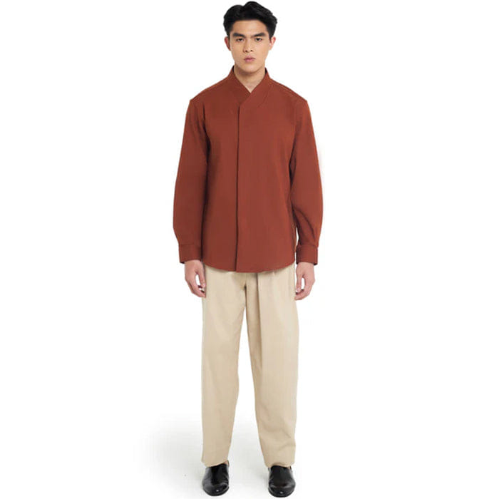 JAN SOBER TERRACOTA OVERLAP HIGH COLLARLESS LONG SLEEVES SHIRT
