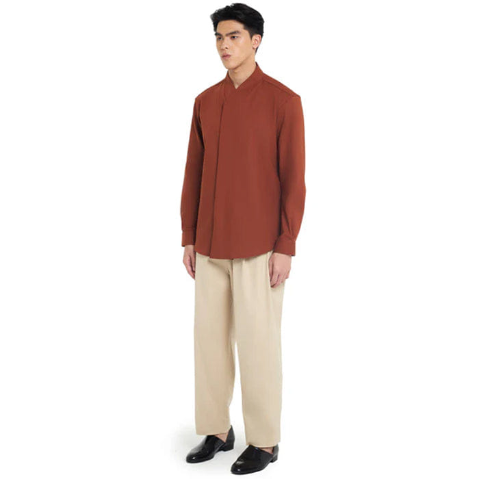 JAN SOBER TERRACOTA OVERLAP HIGH COLLARLESS LONG SLEEVES SHIRT