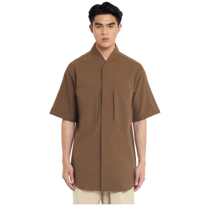 JAN SOBER BROWN LOOSE COLLARLESS PART 4 WITH 2 SQUARE POCKET SHORT SLEEVES SHIRT