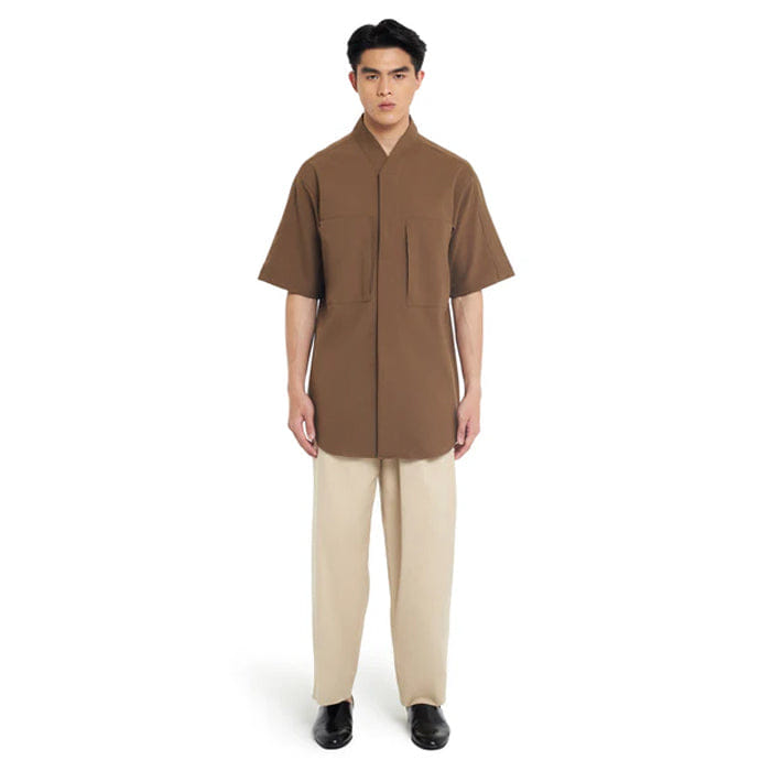 JAN SOBER BROWN LOOSE COLLARLESS PART 4 WITH 2 SQUARE POCKET SHORT SLEEVES SHIRT