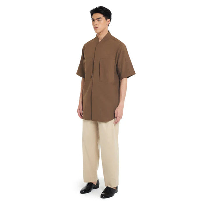 JAN SOBER BROWN LOOSE COLLARLESS PART 4 WITH 2 SQUARE POCKET SHORT SLEEVES SHIRT