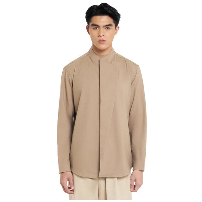 JAN SOBER LIGHT BROWN HALF REVERSE LAPEL DETAIL LONG SLEEVES SHIRT