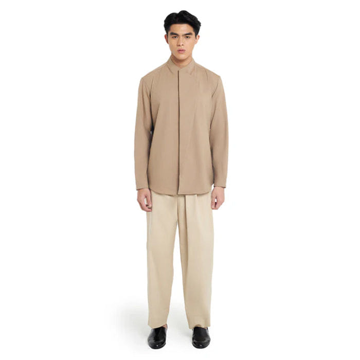 JAN SOBER LIGHT BROWN HALF REVERSE LAPEL DETAIL LONG SLEEVES SHIRT