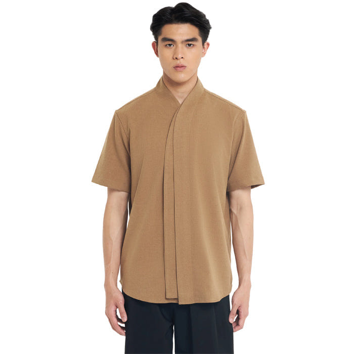 JAN SOBER CAMEL COLLARLESS HALF LAYER SHORT SLEEVES SHIRT