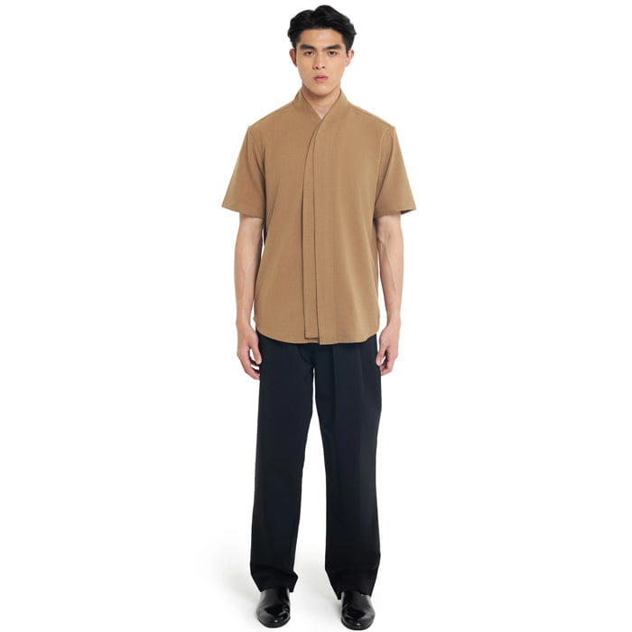JAN SOBER CAMEL COLLARLESS HALF LAYER SHORT SLEEVES SHIRT