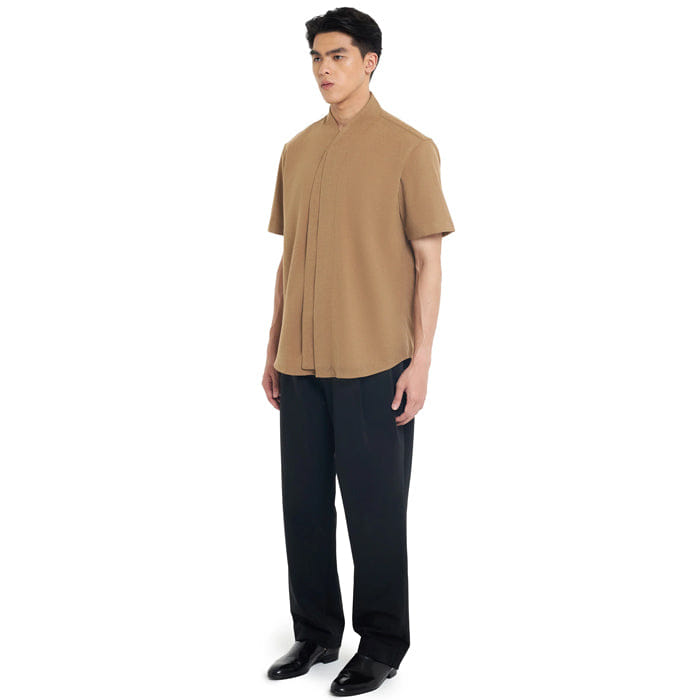 JAN SOBER CAMEL COLLARLESS HALF LAYER SHORT SLEEVES SHIRT